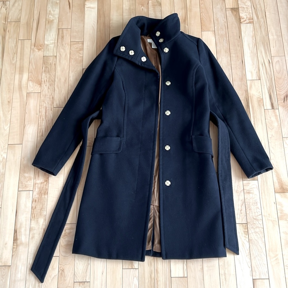 Classic belted long coat with gold clasp buttons, elegant high collar, navy